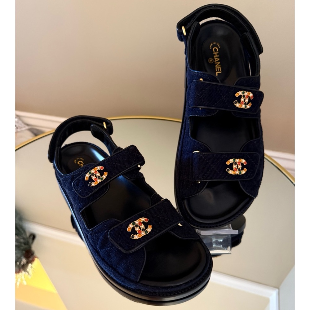 CHANEL Dad Sandals CC brooch logo quilted velour size 38 - Picture 11 of 17